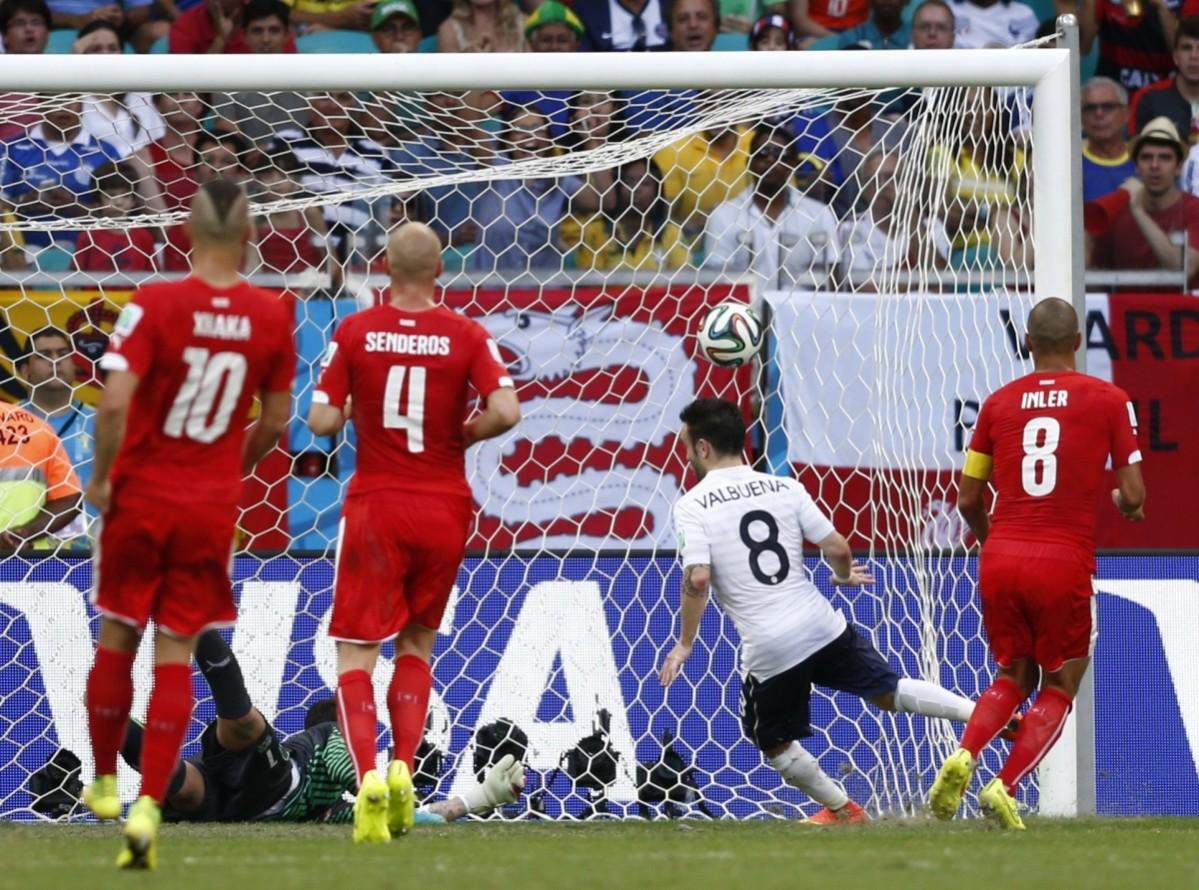 France's Valbuena scores the third goal for France during their 2014 World Cup Group E soccer match against Switzerland at the Fonte Nova arena in Salvador Switzerland vs France
