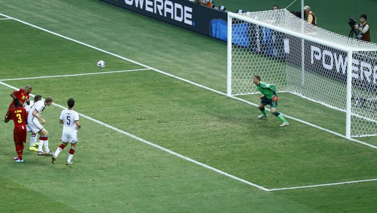 Ghana's Andre Ayew heads to score a goal during their 2014 World Cup Group G match against Germany at the Castelao arena in Fortaleza Germany v Ghana