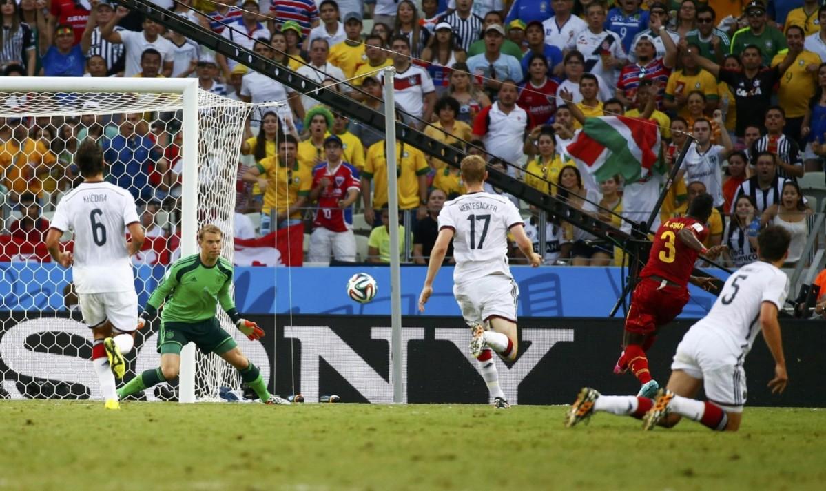 Ghana's Asamoah Gyan scores a goal during the 2014 World Cup Group G match between Germany and Ghana at the Castelao arena Germany v Ghana