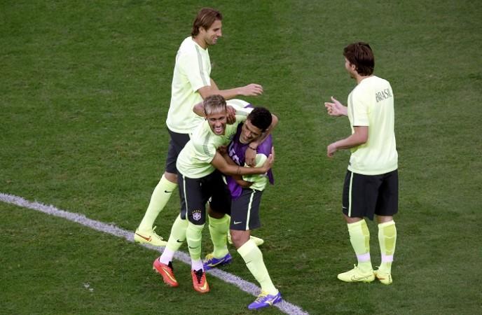 Brazil players share a laugh during a training session, 22 June Brazil Neymar Hulk
