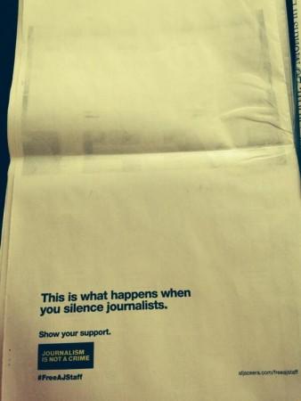Back page of the NYT. Twitter member lash out at a verdict by an Egyptian court that sentenced Al Jazeera Journalists to 7-10 years in jail.