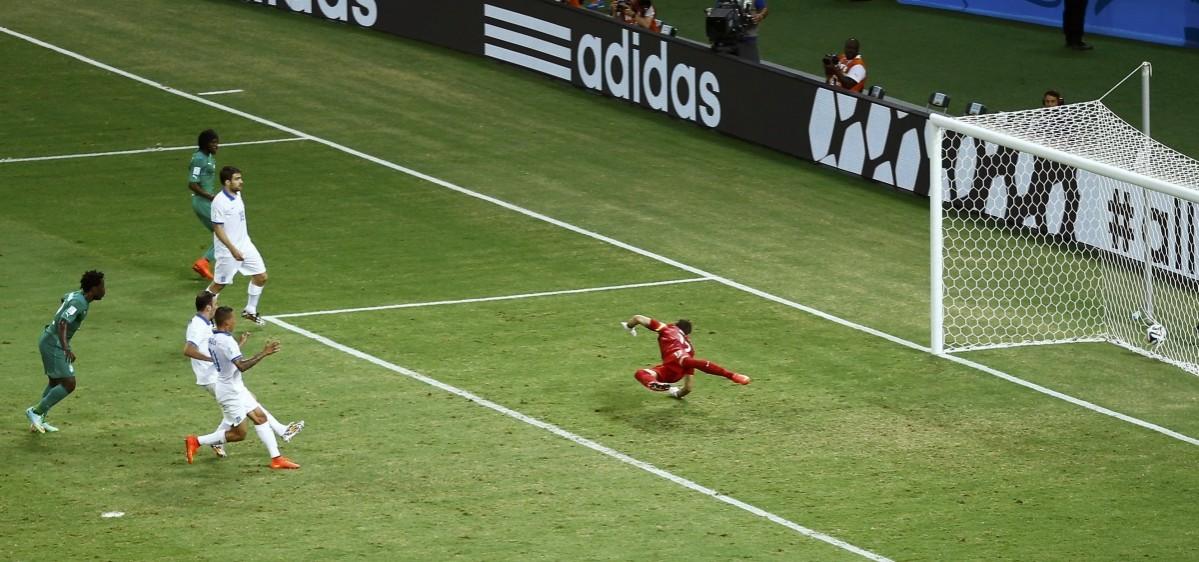 Ivory Coast's Bony scores against Greece during their 2014 World Cup Group C soccer match at the Castelao arena in Fortaleza Greece vs Ivory Coast