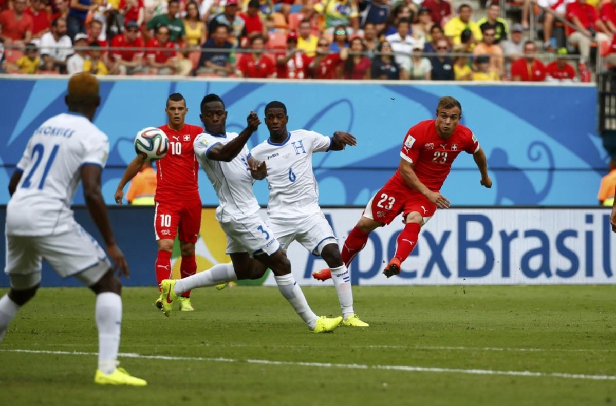 Switzerland's Shaqiri shoots to score against Honduras during their 2014 World Cup Group E match at the Amazonia arena in Manaus Honduras vs Switzerland
