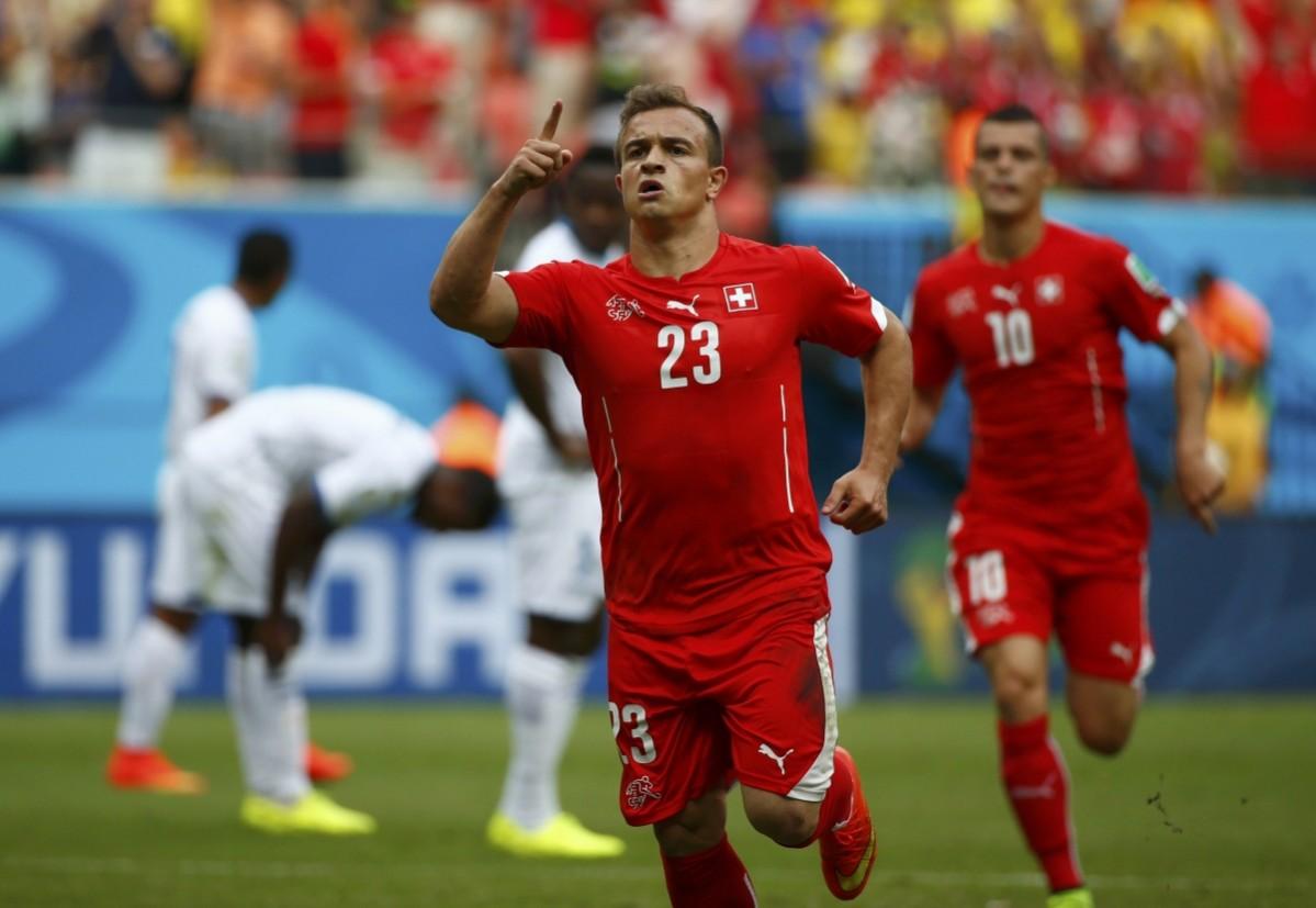 Switzerland's Xherdan Shaqiri celebrates after scoring a goal during the 2014 World Cup Group E soccer match between Honduras and Switzerland at the Amazonia arena Honduras vs Switzerland