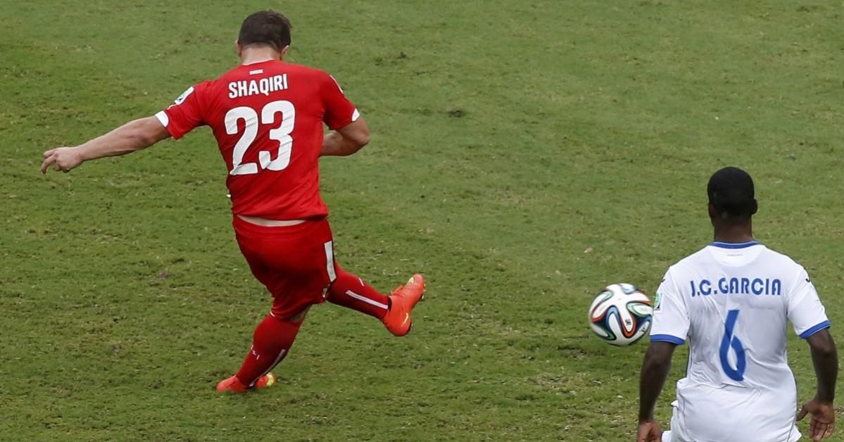 Switzerland's Shaqiri shoots to score against Honduras for his hat-trick during their 2014 World Cup Group E soccer match at the Amazonia arena in Manaus Honduras vs Switzerland