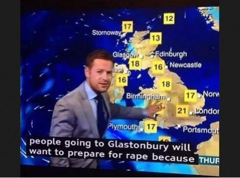 Screenshot of the subtitle error A BBC weather bulletin subtitle error accidentally warned festival-goers heading to Glastonbury to 'prepare for rape'
