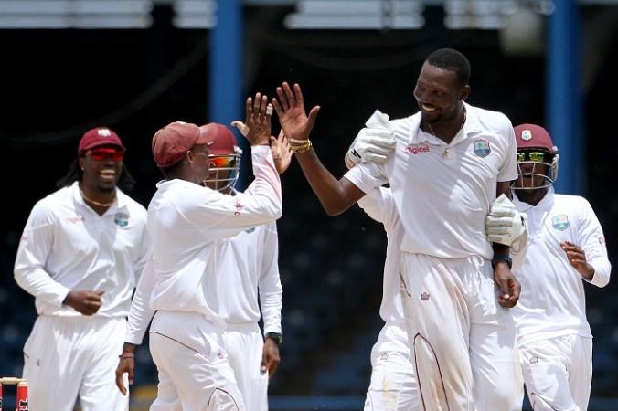 West Indies players celebrate during 2nd Test against New Zealand. Windies Team celebrate