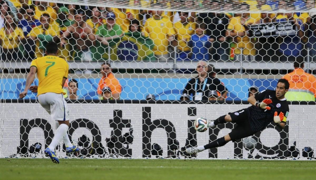 Brazil's Hulk has his shot saved by Chile's Claudio Bravo during a penalty shootout in their 2014 World Cup round of 16 game at the Mineirao stadium in Belo Horizonte Brazil v Chile