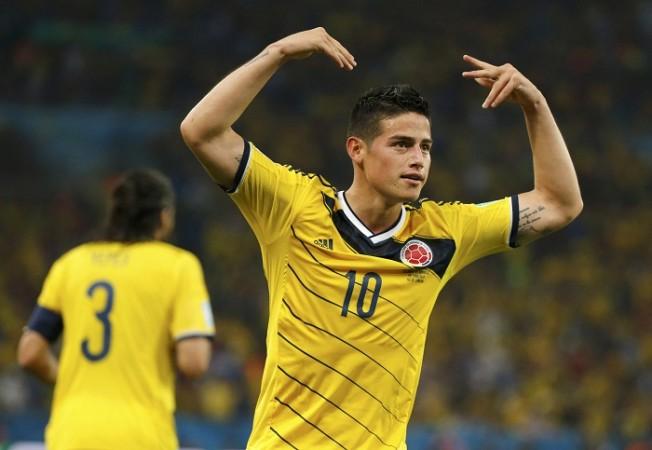 Colombia's James Rodriguez celebrates after scoring his second goal. James Rodriguez