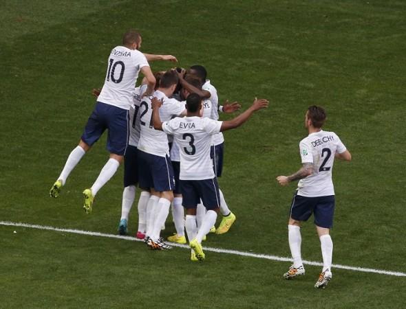 France players celebrate the winner scored by Paul Pogba France