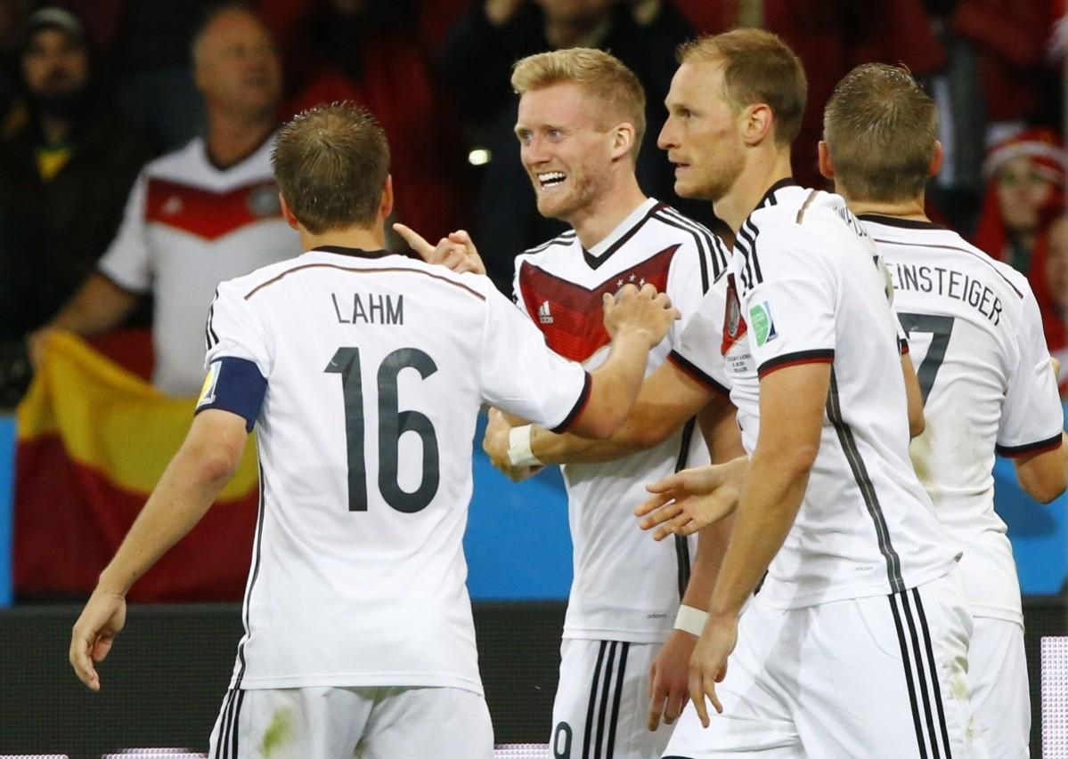 Germany's Schuerrle celebrates his goal with teammates during extra time in their 2014 World Cup round of 16 game against Algeria at the Beira Rio stadium in Porto Alegre Germany vs Algeria