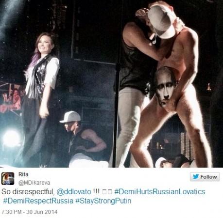 American singer Demi Lovato's 'Putin Gay Kiss' gybe has triggered outrage among Russians.
