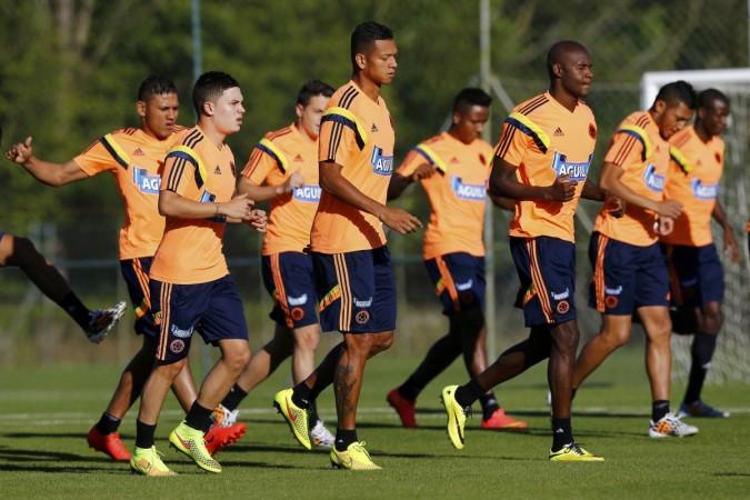 Colombia national team players during a practice session at the team's training center in Cotia Colombia
