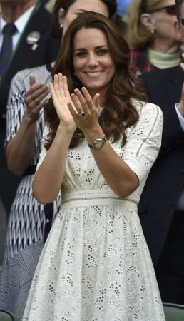 Britain's Catherine, Duchess of Cambridge stands on Centre Court for the men's singles quarter-final tennis match between Andy Murray and Grigor Dimitrov at the Wimbledon Tennis Championships, in London Kate Middleton