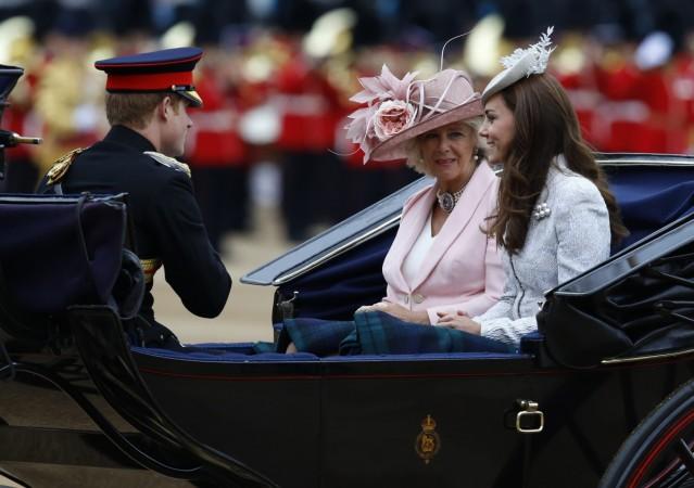 Britain's Prince Harry, Camilla, Duchess of Cornwall and Catherine, Duchess of Cambridge arrive for the annual Trooping the Colour ceremony at Horse Guards Parade in central London Prince Harry, Camilla Parker Bowles and Kate Middleton