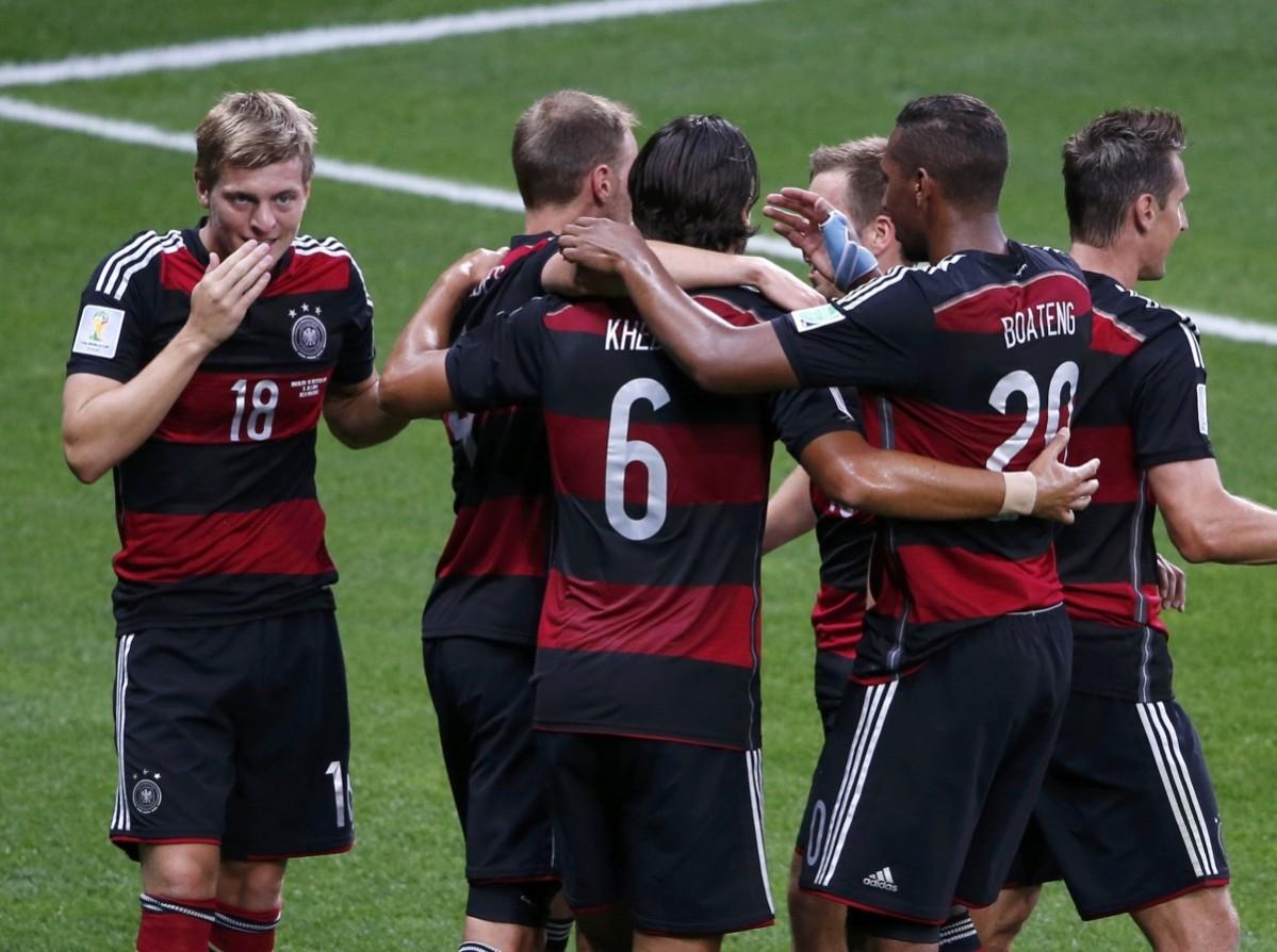 Germany's Kroos celebrates with his teammates after scoring his team's third goal against Brazil during their 2014 World Cup semi-finals at the Mineirao stadium in Belo Horizonte Brazil vs Germany