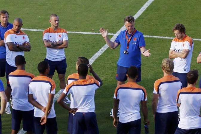 Netherlands' national soccer team coach Louis van Gaal gestures as he speaks to his players during a training session in Rio de Janeiro Netherlands