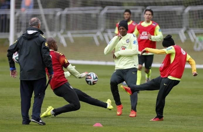 Brazil's coach Scolari, goalkeeper Jefferson, Jo and Bernard attend a training session in Teresopolis Brazil