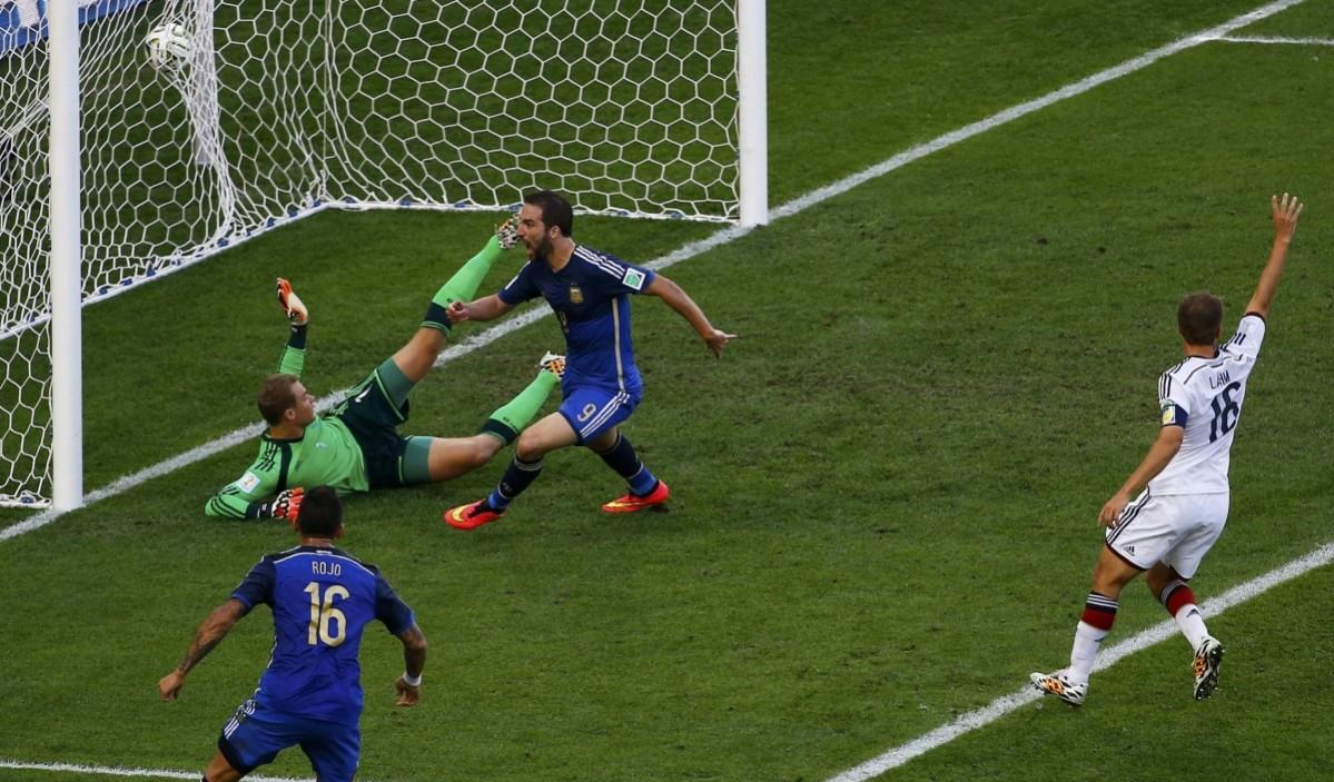 Argentina's Higuain celebrates a goal against Germany's goalkeeper Neuer which was ruled offside during 2014 World Cup final at the Maracana stadium in Rio de Janeiro. Germany vs Argentina