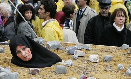 An Iranian woman protesting over death by stoning in Brussels