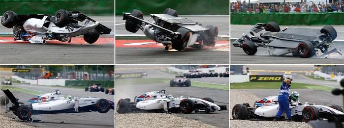 A combination of pictures showing Felipe Massa crashing in the first corner. Massa accident German GP