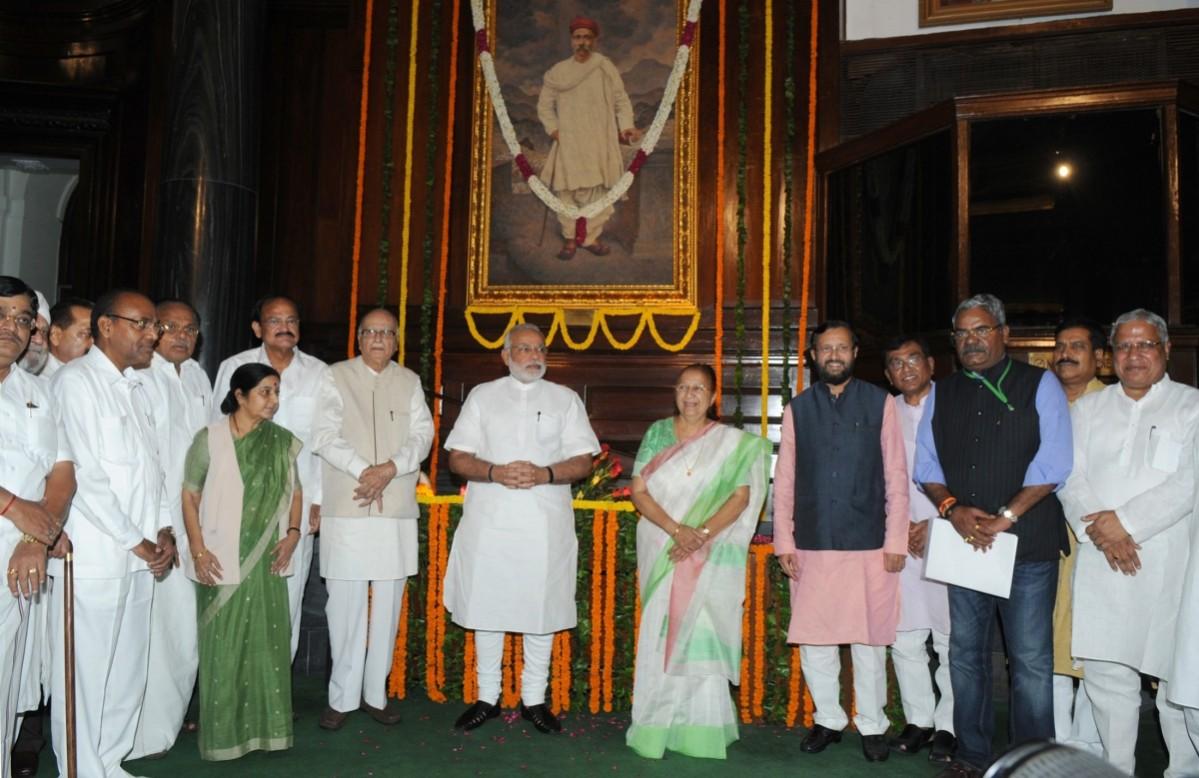 Modi, along with BJP leaders and union Ministers Sushma Swaraj, LK Advani and Venkaiah Naidu pays homage to Tilak in the Parliament. Narendra Modi
