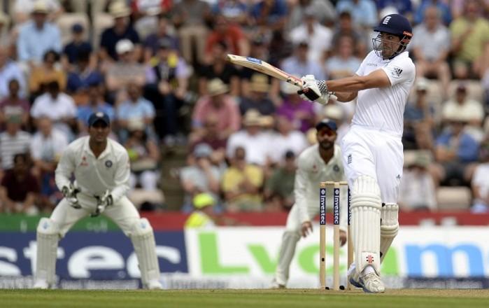 England skipper Alastair Cook plays a pull shot during his 95 against India on day one of the third Test Alastair Cook England India