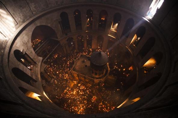 Christian Orthodox Holy Fire ceremony at the Church of the Holy Sepulchre in Jerusalem's Old city.