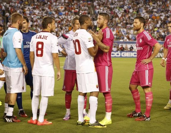 Roma's Seydou Keita argues with Real Madrid's Sergio Ramos during the two sides' preseason friendly clash in USA Real Madrid vs Roma
