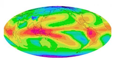 Illustration of annual mean T2-T12 field that provides a direct measure of the upper-tropospheric water vapor. Purple = dry and Red = moist Water Vapour