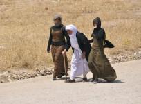 Displaced families from the minority Yazidi sect, fleeing the violence, walk on the outskirts of Sinjar, west of Mosul, 5 August.
