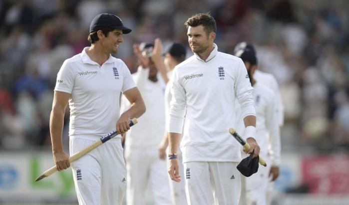 Alastair Cook and James Anderson leave the field after England won the fourth Test against India. Alastair Cook, James Anderson