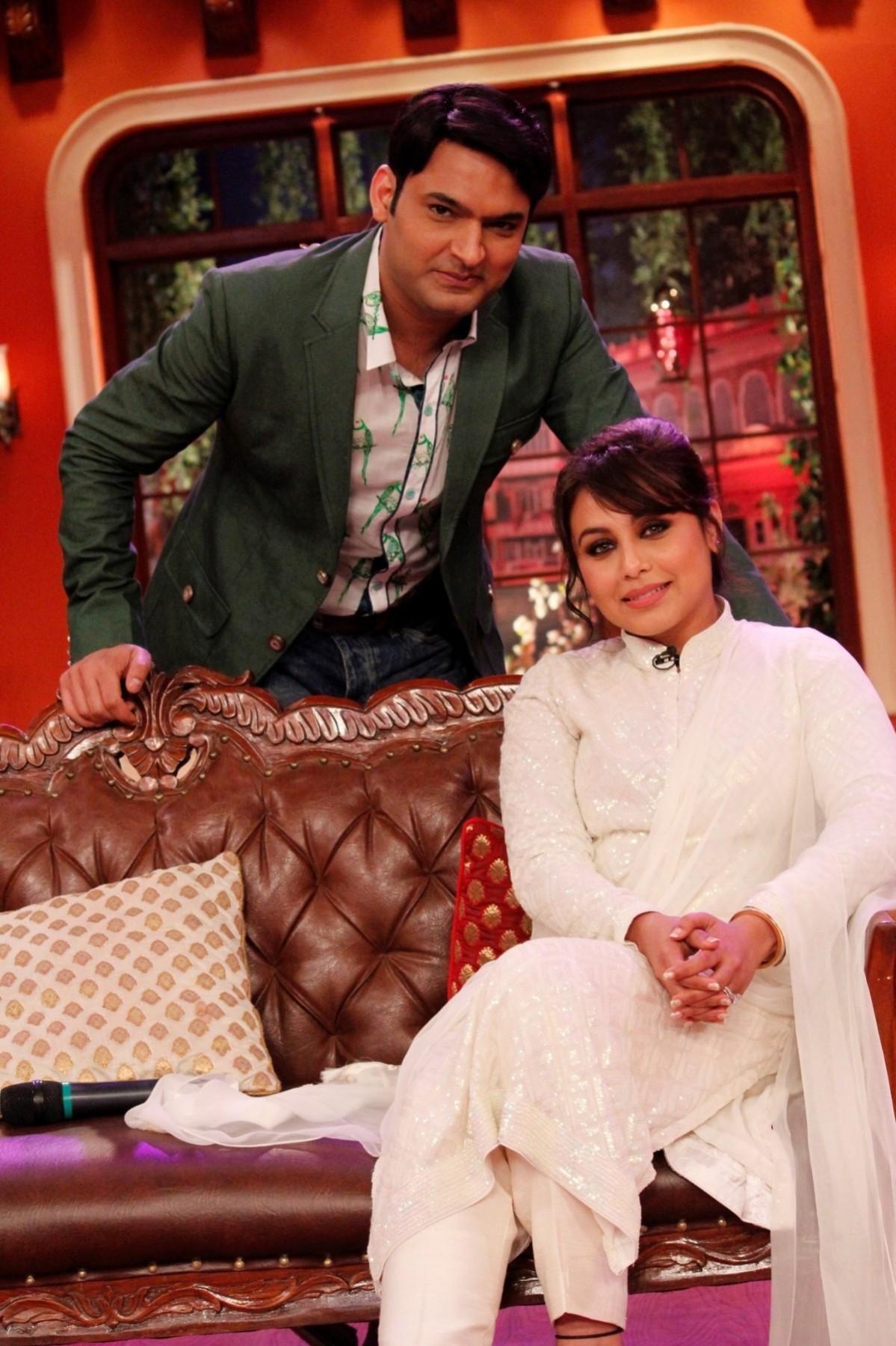 Sharma and Mukerji pose for the camera. Rani promotes 'Mardaani' on 'Comedy Nights With Kapil'