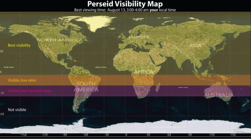 The annual Perseid meteor shower, which is one of the brightest meteor showers of the year, will peak in the coming days. The annual Perseid meteor shower peaks TONIGHT, Aug. 12-13. Check the map below for your city/state's visibility. Best Visibility = up to 30-40 meteors/hour; Visible, Low Rates = up to 10 meteors/hour; and Visible, Very Low Rates = less than five meteors/
