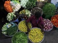 A vendor arranges vegetables