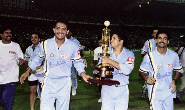 Jubilant Indian players (L-R) Kapil Dev, Captian Mohammed Azharuddin, Sachin Tendulkar World Cup 1983