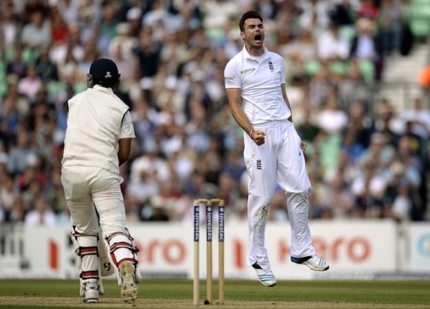 England fast bowler James Anderson celebrates after picking up the wicket of India No.3 Cheteshwar Pujara James Anderson England Cheteshwar Pujara India