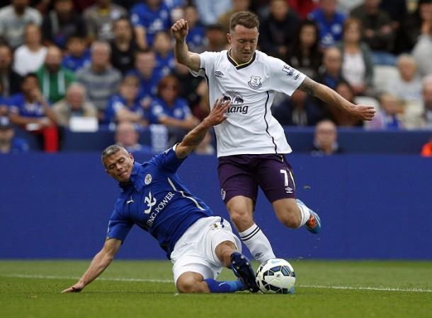 Everton winger Aiden McGeady battles for possession with Leicester City defender Paul Konchesky in their English Premier League game Paul Konchesky Leicester City Aiden McGeady Everton