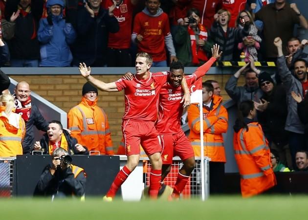 Jordan Henderson and Daniel Sturridge celebrate the winner against Southampton in their English Premier League game Liverpool Henderson Sturridge