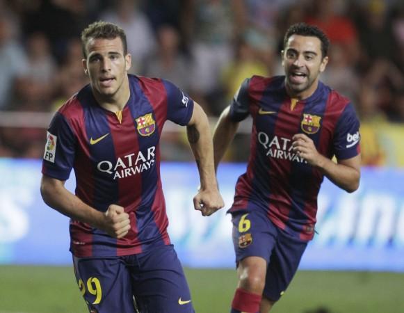 Barcelona's Sandro Ramirez celebrates after scoring against Villarreal Barcelona