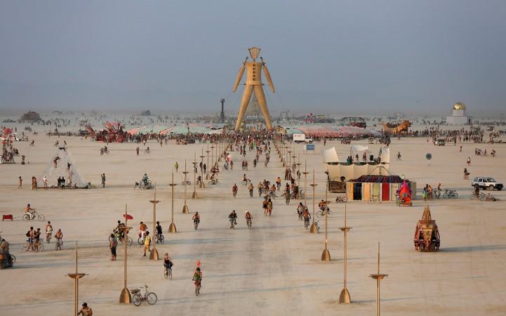 A view of the Playa and the Man during the Burning Man 2014 "Caravansary" arts and music festival in the Black Rock Desert of Nevada.