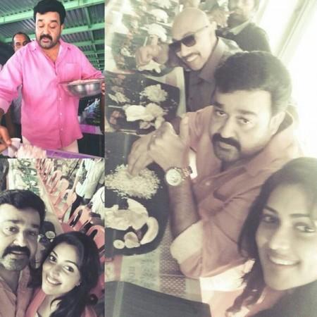 Mohanlal, Sathyaraj and Amala having Onasadhya Amala Paul