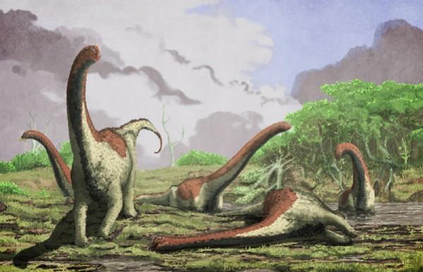An artistic rendering of a deceased Rukwatitan bisepultus individual in the initial floodplain depositional setting from which the holotypic skeleton was recovered. Rukwatitan bisepultus dino