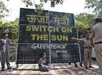 Activists set-up solar panels and chained themselves to it outside Delhi's then-power minister, Haroon Yusuf's house in 2013.