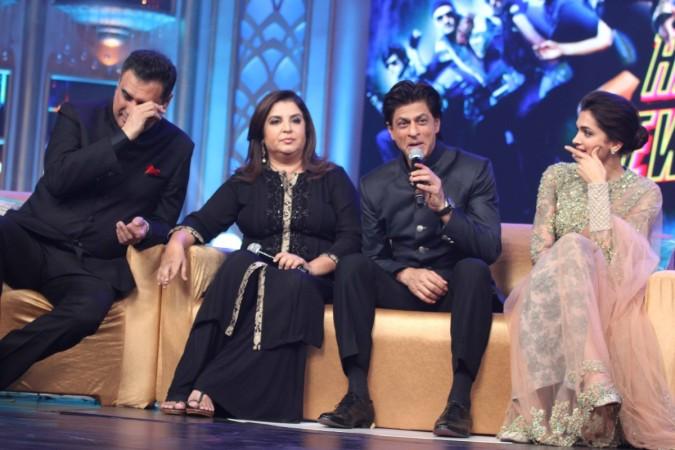 (L to R) Boman Irani, Farah Khan, Shah Rukh Khan and Deepika Padukone at the music launch of the their film Happy New Year