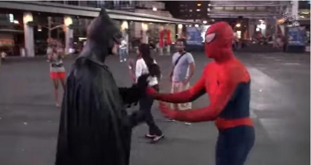 batman spider-man brawl batman spider-man arrested in Times Square