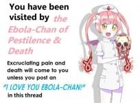 The image or meme shows a white lady, named Ebola-Chan, wearing a dress of a nurse holding a bloody skull. The end of her hair becomes curled up in a dangerous looking Ebola virus strains.