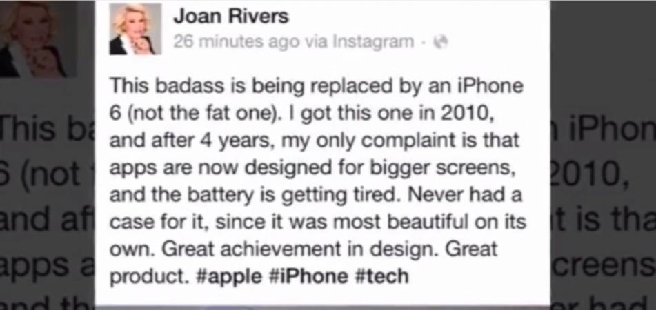 The post from Joan Liver's Facebook account Joan River Promotes iPhone 6 from the Grave
