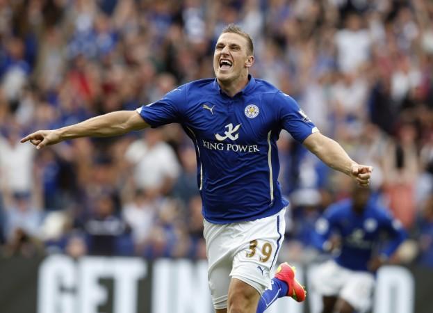 Leicester City's Chris Wood celebrates after scoring a goal during their English Premier League match against Everton at the King Power stadium Leicester City vs Manchester United