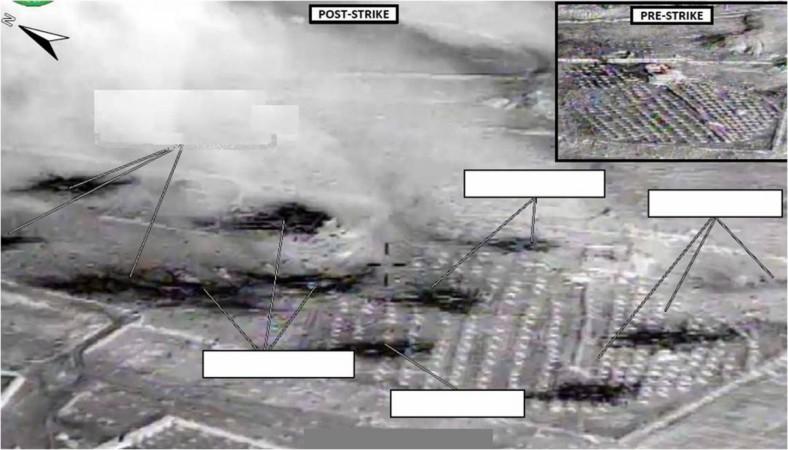 An area U.S. officials say was an ISIL vehicle staging center near Abu Kamal, Syria, is seen before (inset) and after it was struck by U.S. aircraft in a U.S. Department of Defense handout picture provided September 23, 2014. An area U.S. officials say was an ISIL vehicle staging center near Abu Kamal, Syria, is seen before (inset) and after it was struck by U.S. aircraft in a U.S. Department of Defense handout picture provided September 23, 2014.